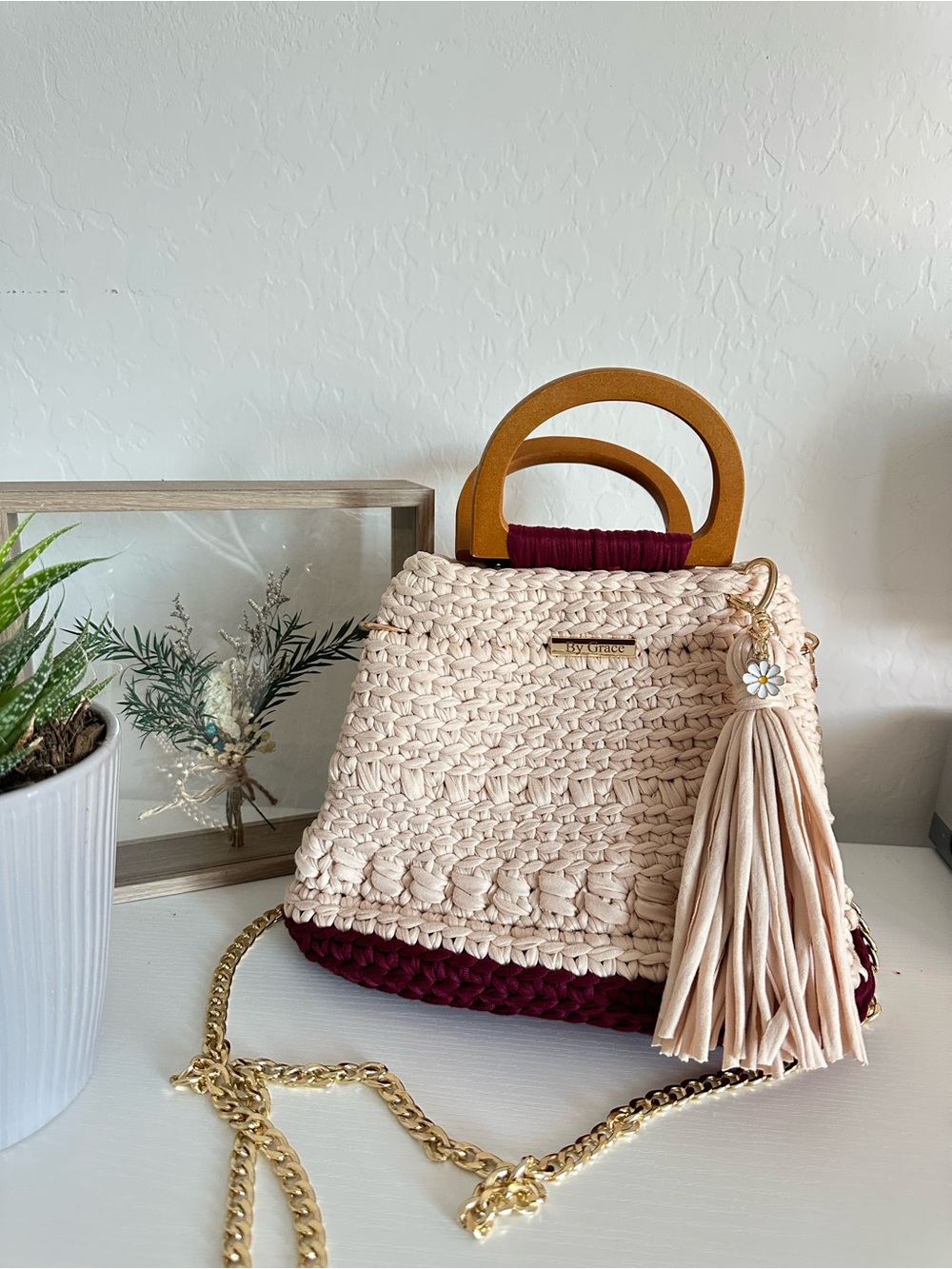 Cream and Burgundy Woven Handbag with Wood Handles